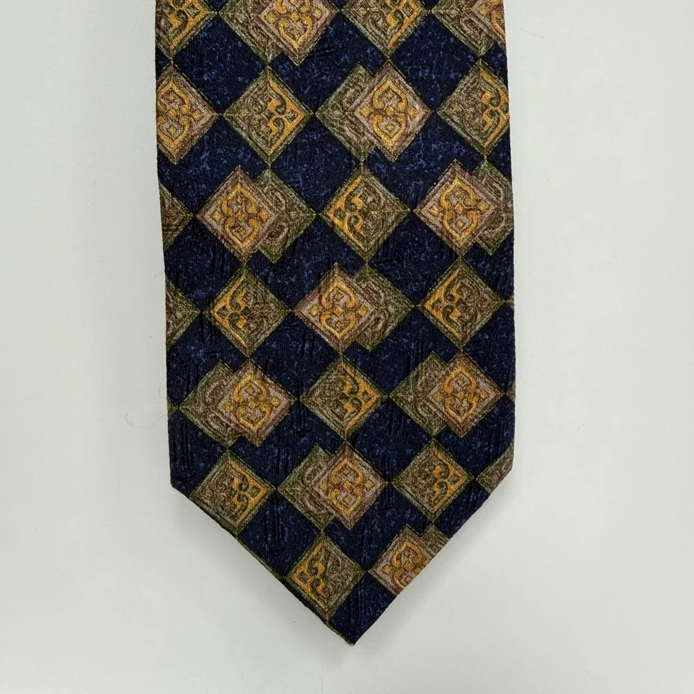 Villa Bolgheri Silk Tie Mens OS Blue Gold Geometric Diamond Made in Italy Luxury
